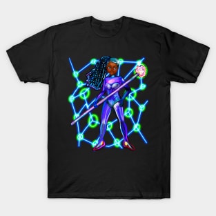 Black anime super hero girl from outer space with lights  ! beautiful  black girl with Afro hair, blue eyes, Cherry pink lips and dark brown skin. Hair love ! T-Shirt